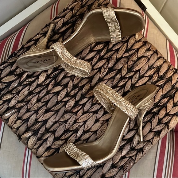 Prada Gold Leather Sling Back Heels - Picture 2 of 15